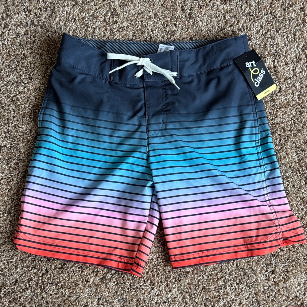 Art Class Ombre Striped Tie Waist Swim Trunks, Boys size 14